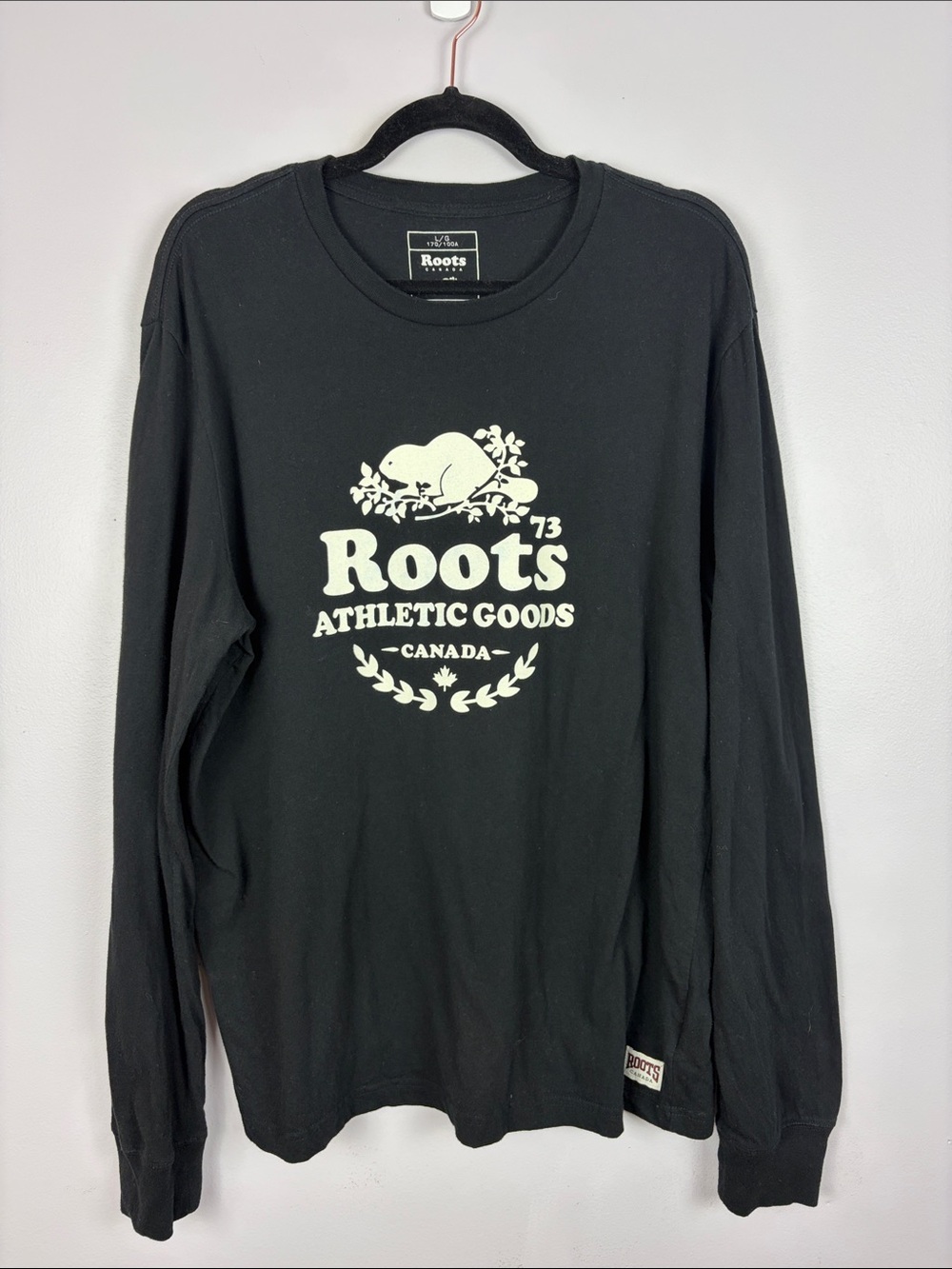 Roots Canada Athletic Goods Logo Long Sleeve Tee Black 100% Cotton Size Large - Picture 2 of 12